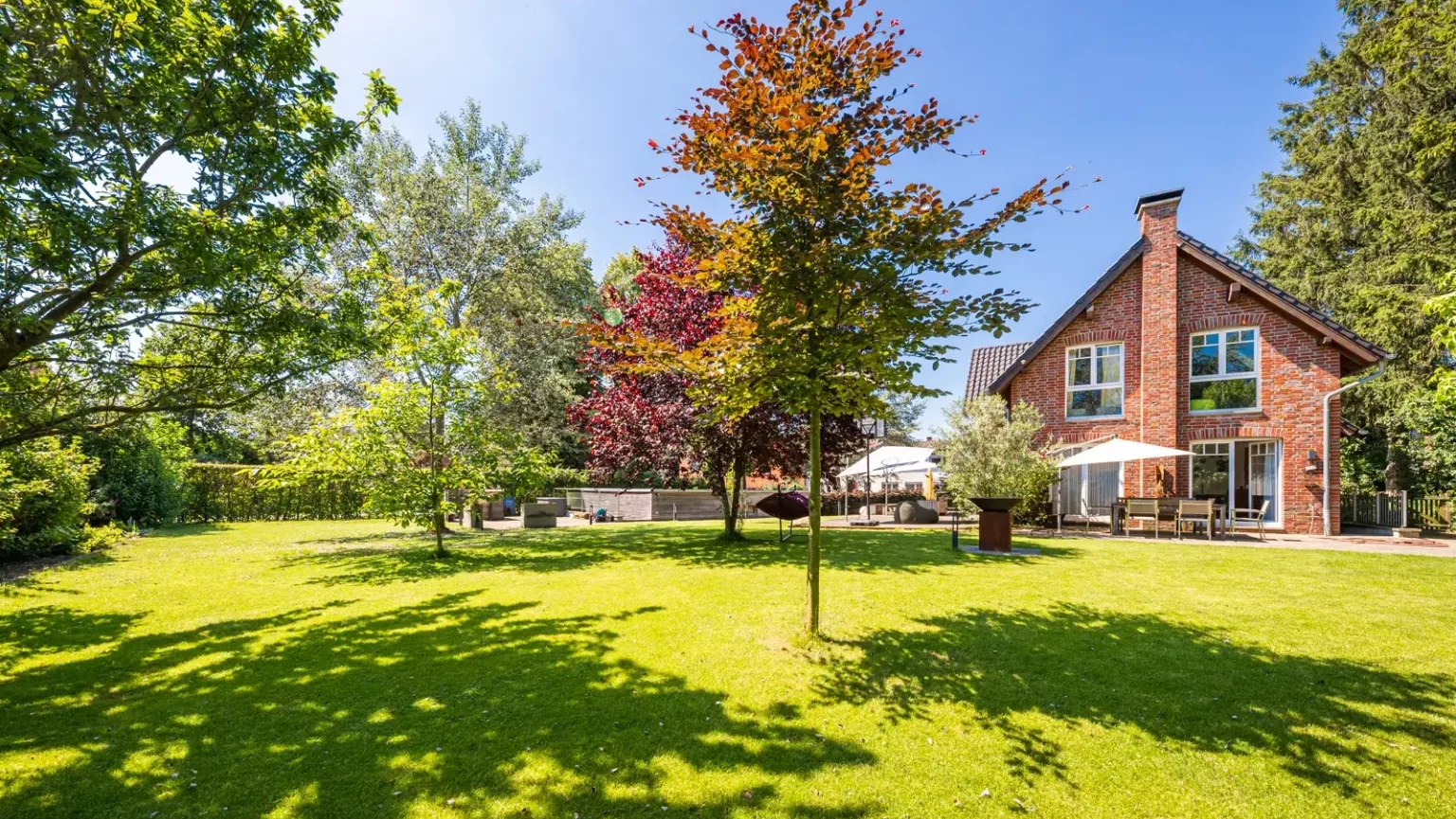 Ein Garten mit grünen Bäumen und ein Haus im Hintergrund.